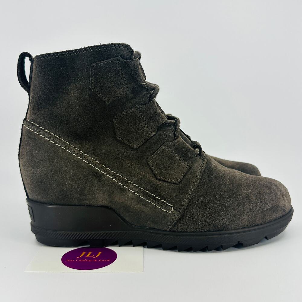 Sorel Women's Evie Lace Up Taupe Waterproof Suede Wedge Ankle Boots Size 7.5